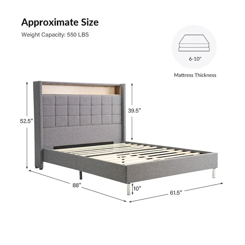 Lit moderne de 156 cm à motif géométrique avec tête de lit de rangement et veilleuse chaleureuse