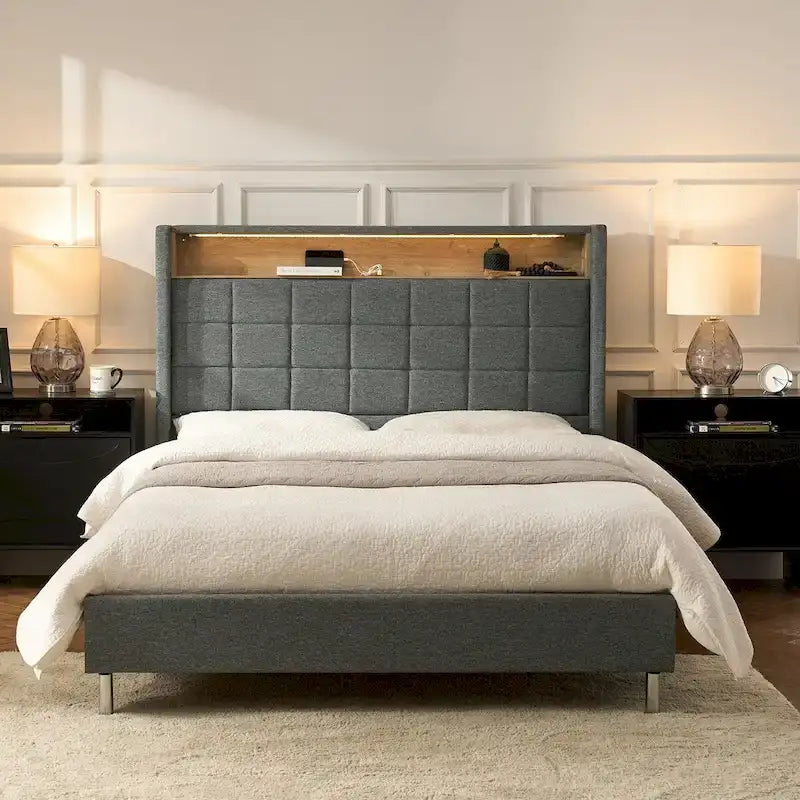 Lit moderne de 156 cm à motif géométrique avec tête de lit de rangement et veilleuse chaleureuse