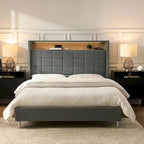 Lit moderne de 156 cm à motif géométrique avec tête de lit de rangement et veilleuse chaleureuse