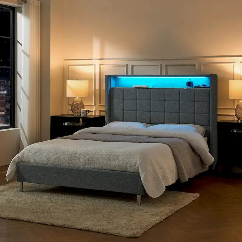 Lit moderne de 156 cm à motif géométrique avec tête de lit de rangement et veilleuse chaleureuse