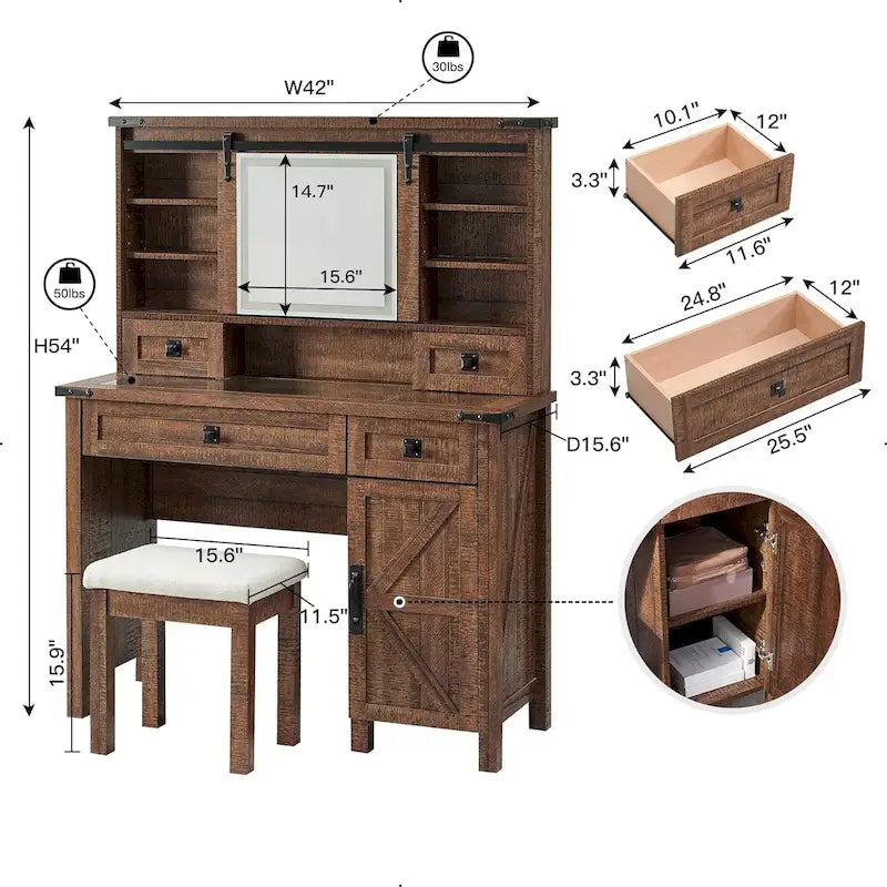 Coiffeuse de ferme, Table de toilette, Ensemble de coiffeuse, Tabouret inclus