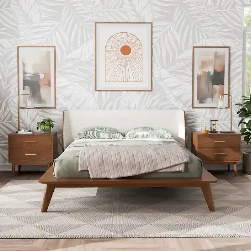 Ensemble de chambre bas de gamme avec fauteuil à oreilles en bouclette du milieu du siècle