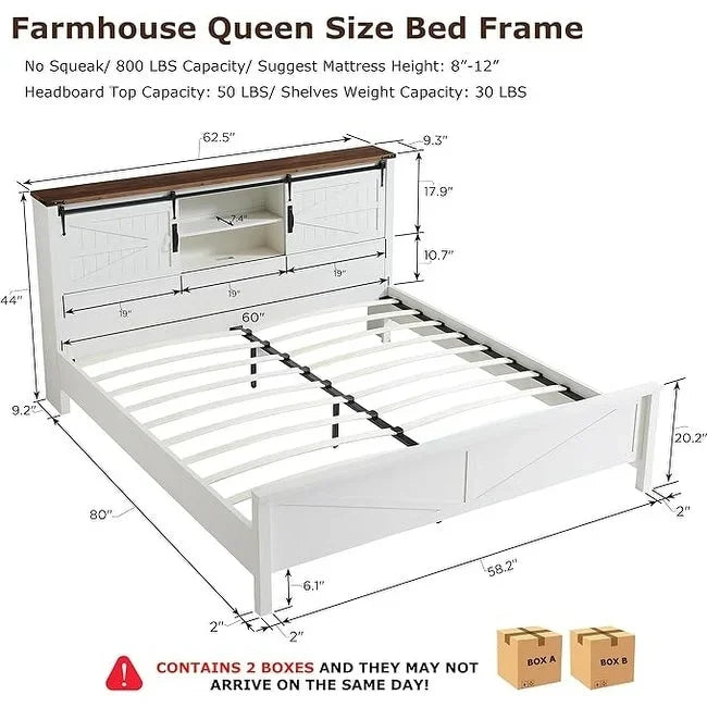 Lit queen size de style campagnard avec étagères de rangement et station de charge