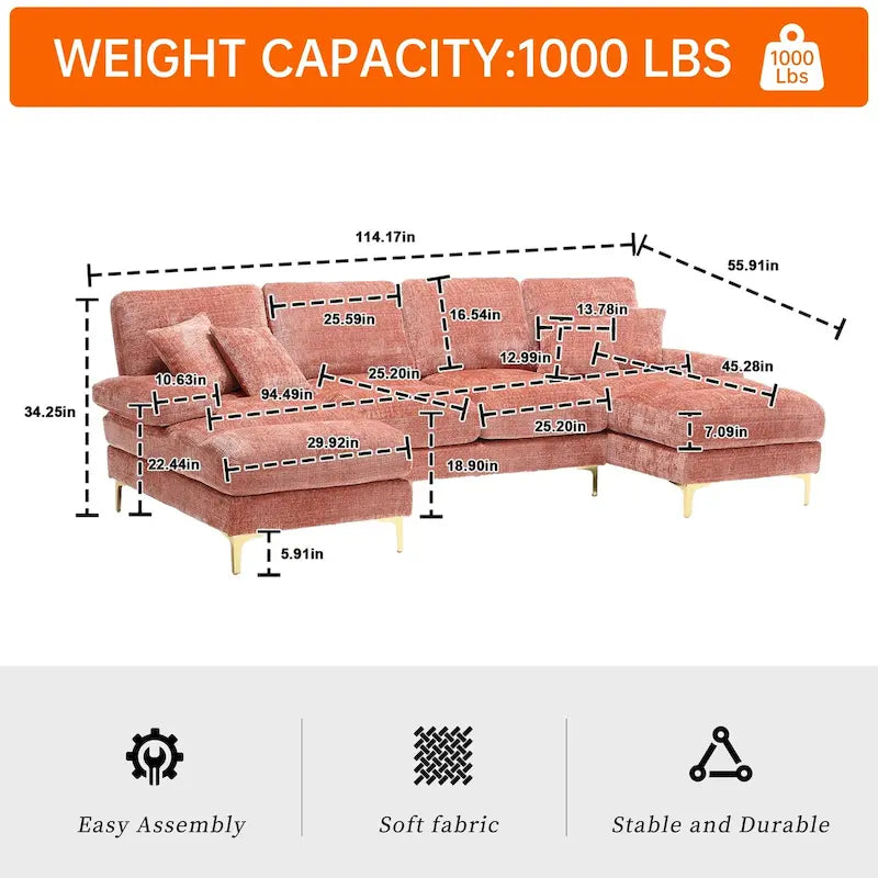 Canapé d'angle modulaire en U avec double méridienne
