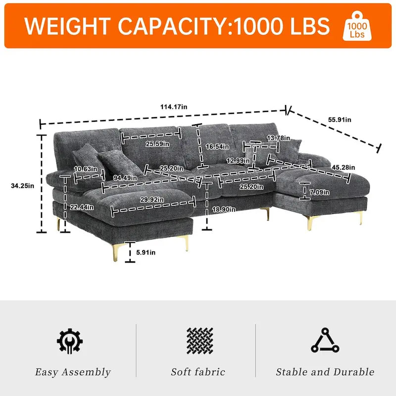 Canapé d'angle modulaire en U avec double méridienne