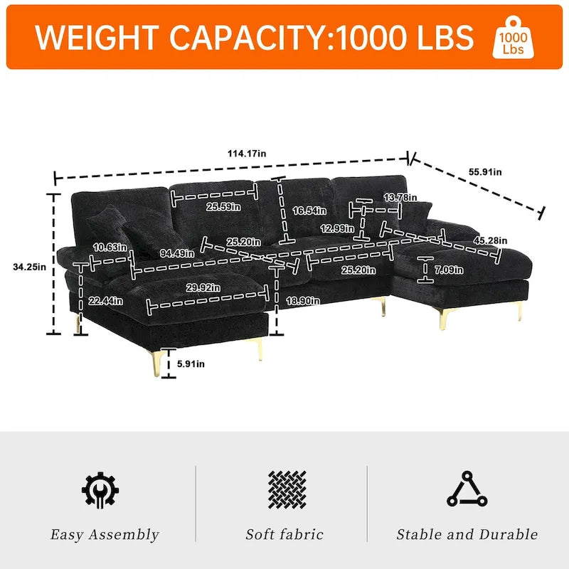 Canapé d'angle modulaire en U avec double méridienne
