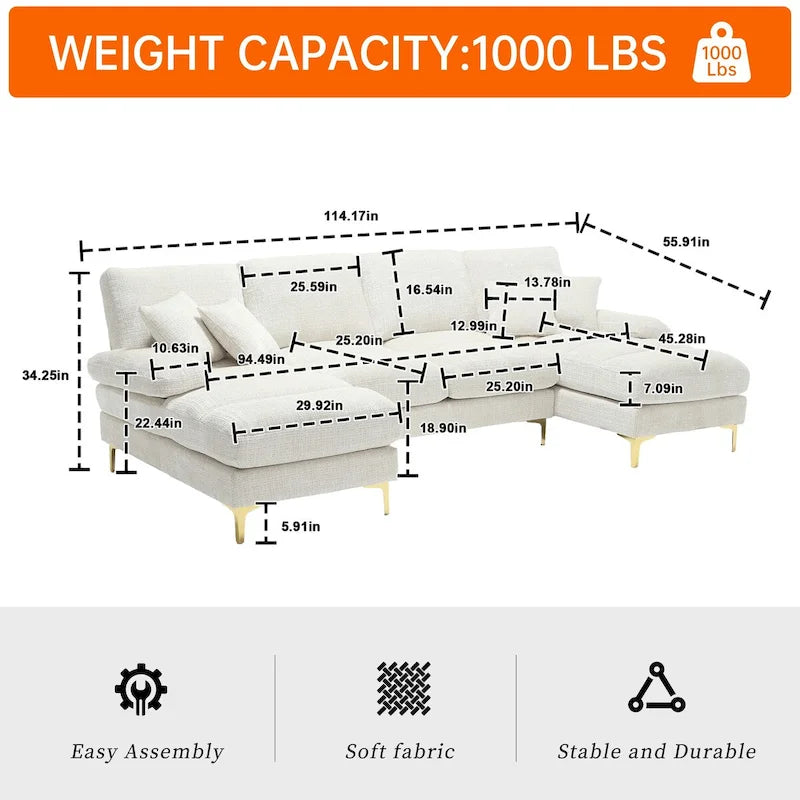 Canapé d'angle modulaire en U avec double méridienne
