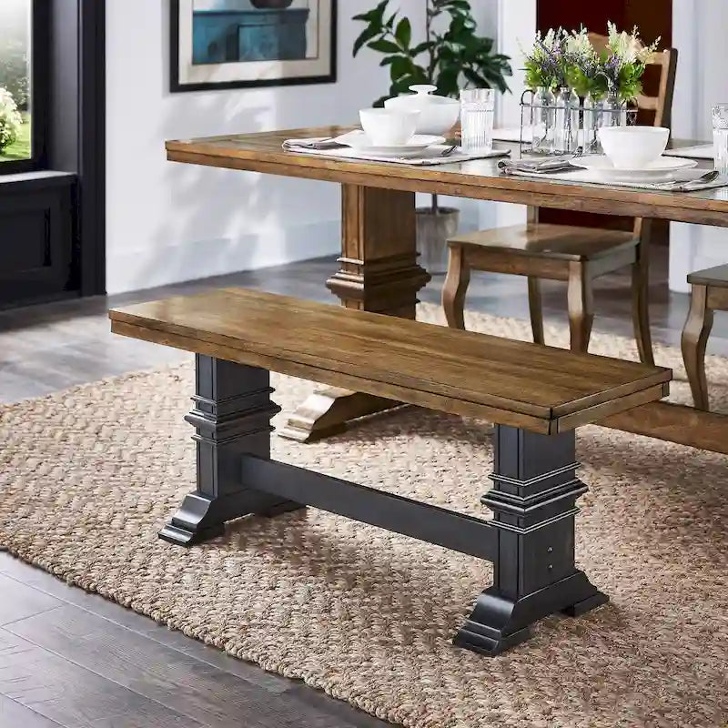 Banc de salle à manger en bois avec pieds tréteaux bicolores
