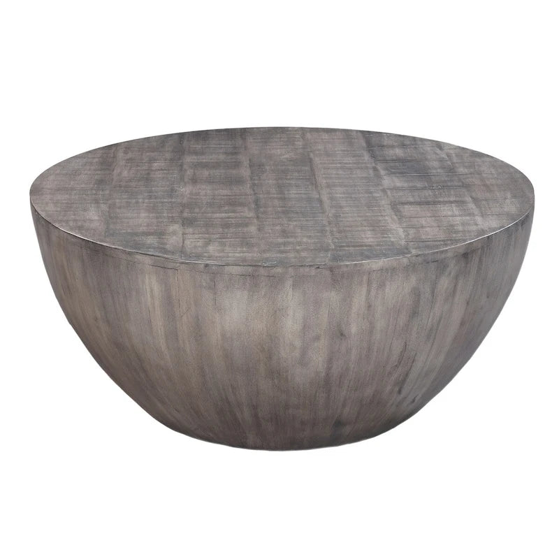 Table basse ronde de 36 pouces, forme tambour artisanale, bois de manguier avec finition gris olive