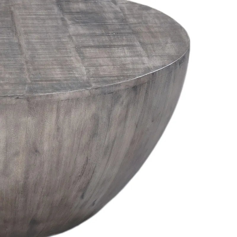 Table basse ronde de 36 pouces, forme tambour artisanale, bois de manguier avec finition gris olive