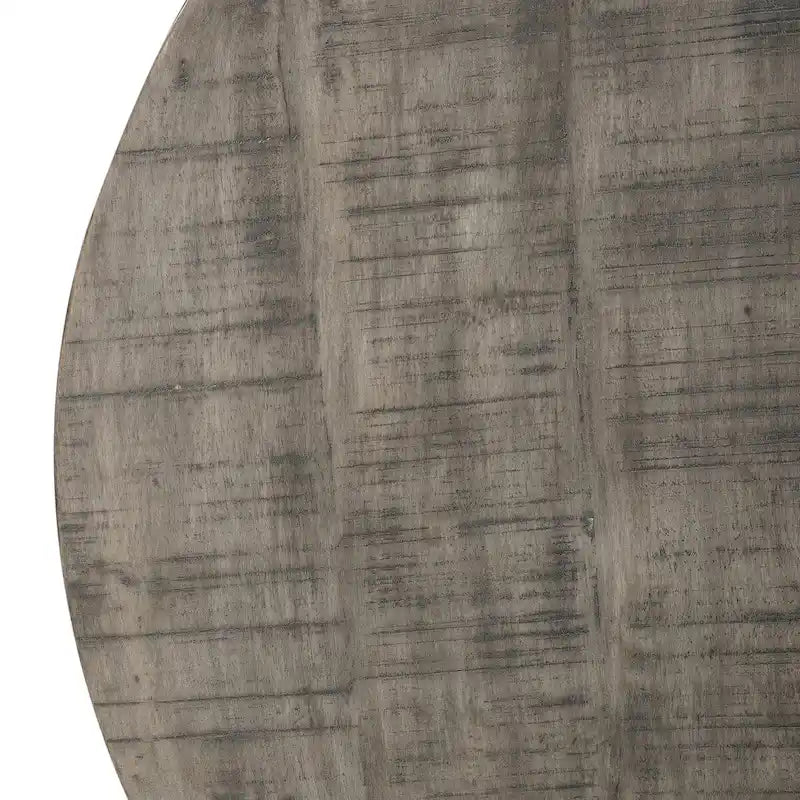 Table basse ronde de 36 pouces, forme tambour artisanale, bois de manguier avec finition gris olive