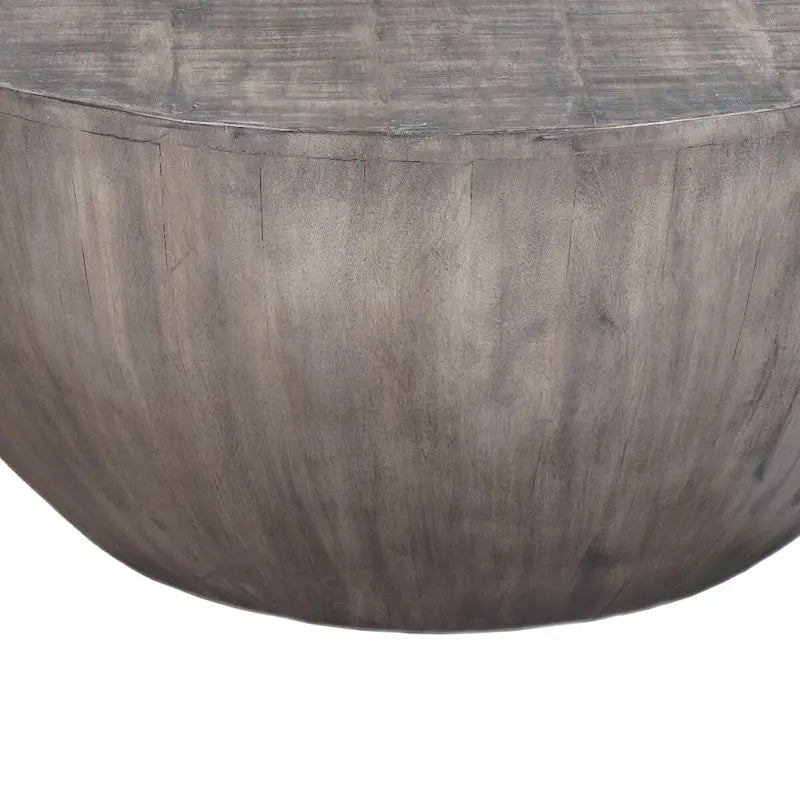 Table basse ronde de 36 pouces, forme tambour artisanale, bois de manguier avec finition gris olive