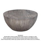 Table basse ronde de 36 pouces, forme tambour artisanale, bois de manguier avec finition gris olive