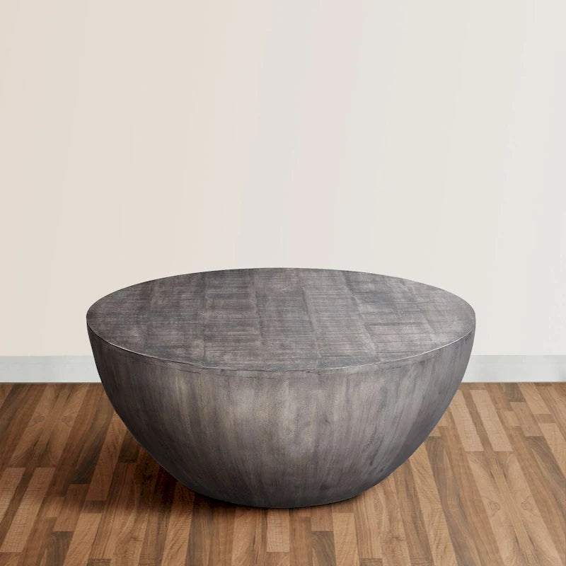 Table basse ronde de 36 pouces, forme tambour artisanale, bois de manguier avec finition gris olive