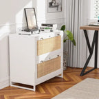 Classeur latéral 2 tiroirs en bois et rotin avec serrure pour bureau à domicile