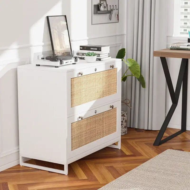 Classeur latéral 2 tiroirs en bois et rotin avec serrure pour bureau à domicile