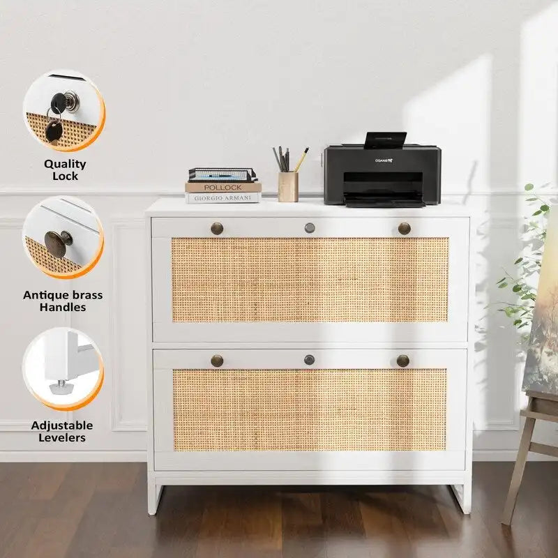 Classeur latéral 2 tiroirs en bois et rotin avec serrure pour bureau à domicile