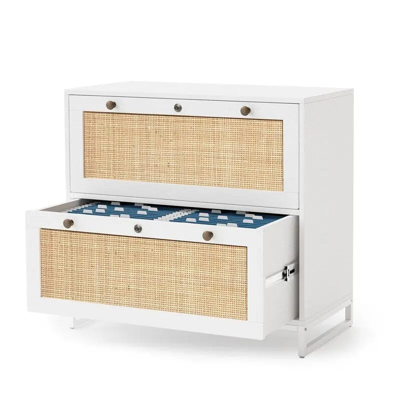 Classeur latéral 2 tiroirs en bois et rotin avec serrure pour bureau à domicile