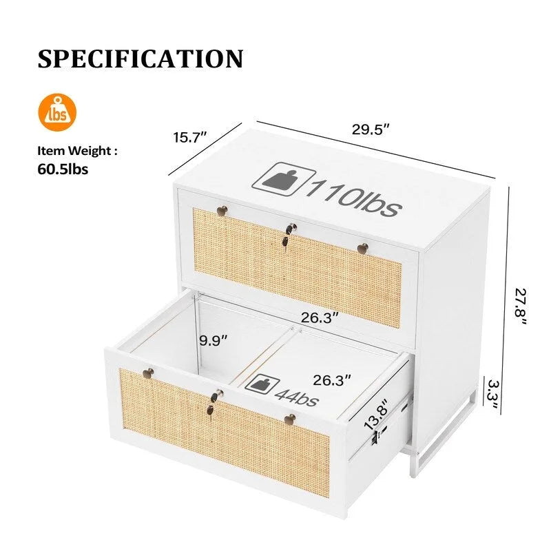 Classeur latéral 2 tiroirs en bois et rotin avec serrure pour bureau à domicile