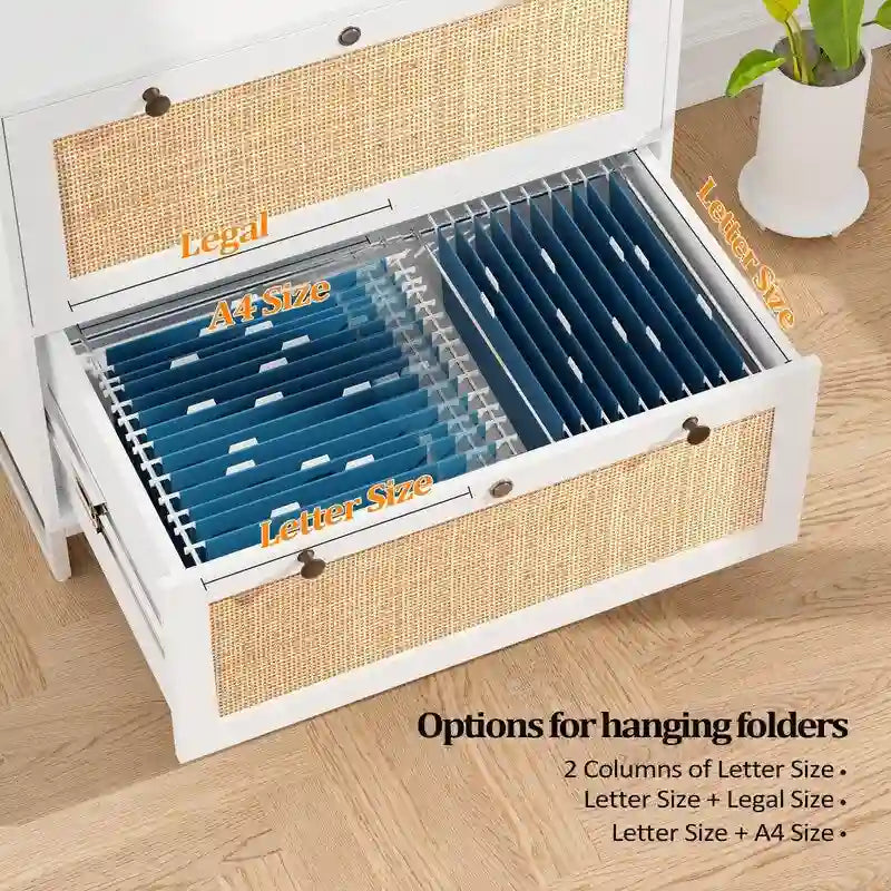 Classeur latéral 2 tiroirs en bois et rotin avec serrure pour bureau à domicile
