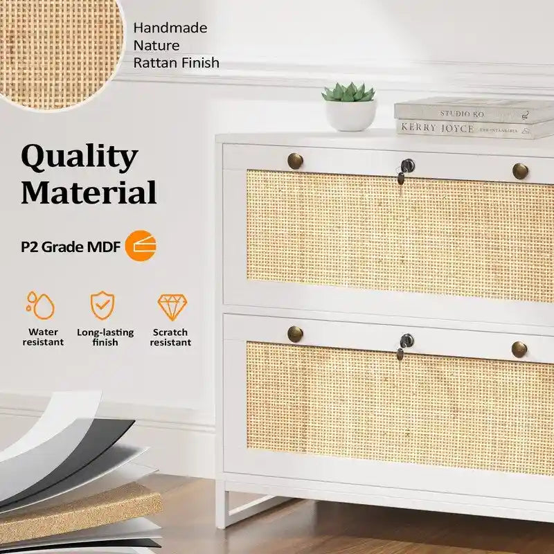 Classeur latéral 2 tiroirs en bois et rotin avec serrure pour bureau à domicile