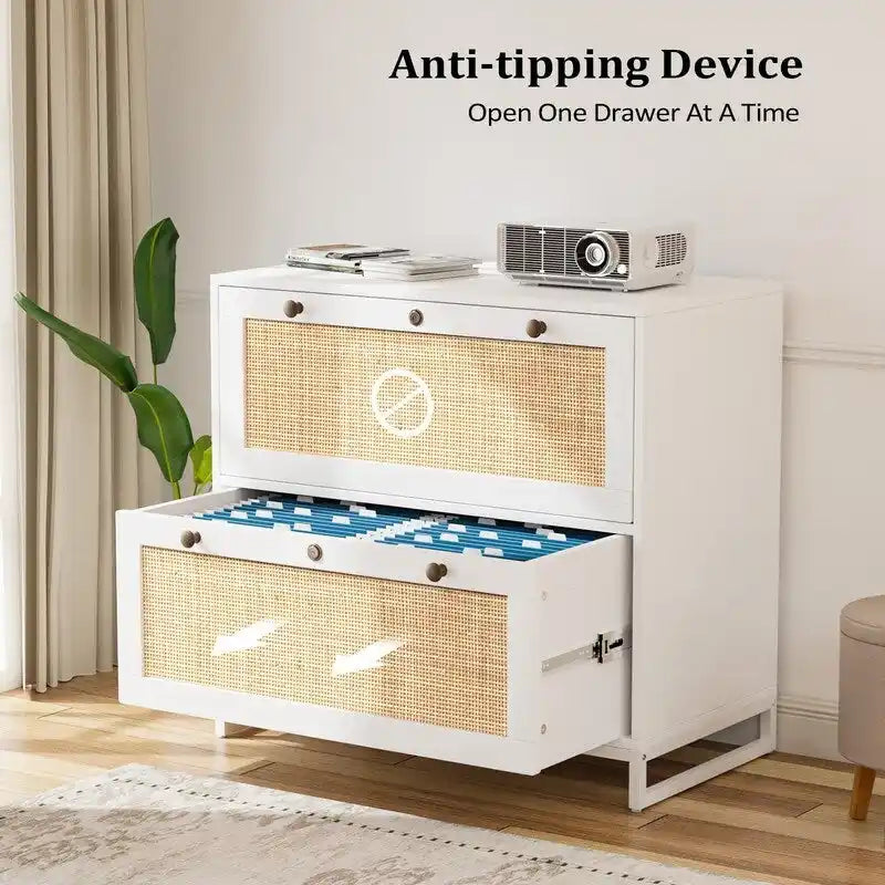 Classeur latéral 2 tiroirs en bois et rotin avec serrure pour bureau à domicile